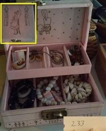 old jewelry basket with contents.  pink mid century with dancing couple on top