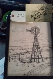 original Ruben Baggerman 1975 pen and ink artwork of windmill