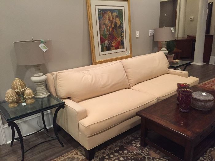 Pottery Barn Sofabed, Glass End Tables, Lamps, Decor
