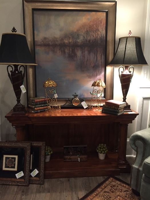 Extraordinary Entry Table, Cypress Creek Lamps, Mantel Clock, Carson Reproduction Painting