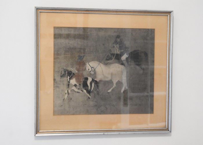 Asian Print with Horses, Framed (Approx. 22" L x 20" H including frame)