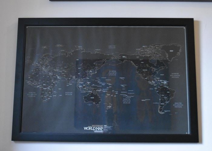 Black World Map, Framed (Approx. 39" L x 27" H including frame)