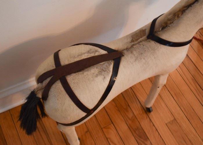 Antique Rolling Horse Toy (Real fur, missing one ear, approx. 29" L x 29.5" H)