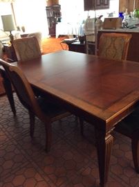 Ethan Allen dining set, includes 4 upholstered chairs & 2 large leaves