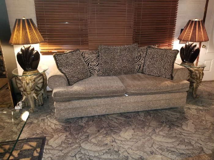 sofa set with elephant glass topped end tables