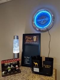 Neon Harley Davidson clock lava lamp and bar items