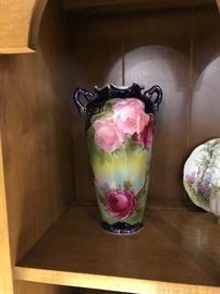 Limoges style hand painted tall 2 handled vase 