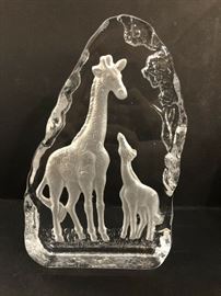 Giraffe Etching in Glass Heavy Paper Weight Collectible