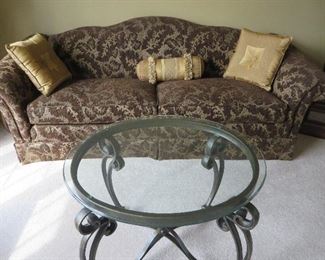 CLASSIC CAMEL BACK SOFA ROLL ARMS
WROUGHT IRON COFFEE TABLE WITH GLASS TOP