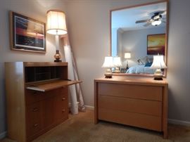 MID CENTURY WRITING DESK AND DRESSER WITH MATCHING MIRROR