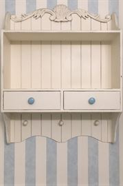 Distressed White Wall Shelf Unit w/2 Drawers and 3 Pegs