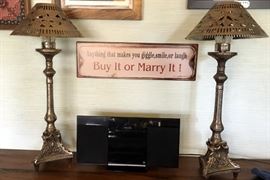 Silver plate buffet lamps with votive lights, Panasonic AM/FM - CD- I-Pad Port, Anything that makes you giggle sign.