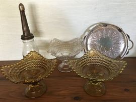 1870’s Adams Glass Thousand Eye Amber & Clear Pedestal Open Compotes, Vintage Glass Oil Bottle, Hammered Aluminum Hand Wrought Silverlook Round Tray with Sides.