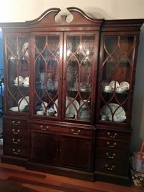 Hickory Chair James River Collection 2-Piece Lighted China Cabinet.  87" tall x 74" wide x 16" deep.  4 doors. 6 glass shelves, 1 hidden wood shelf, lined flatware drawer.
