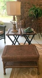2 Bamboo Folding Tables; Synthetic Resin Wicker Coffee Table; Outdoor Table Lamp; Stained Glass Frog Accent Lamp