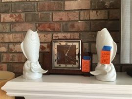 Made in England Art deco clock, need a tune up, Pair of coy fishes vases