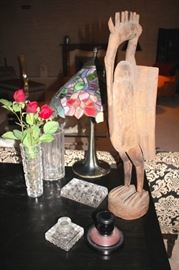 Assorted Vases, Crystal Boxex, Tiffany Style Table Lamp and Bird Sculpture