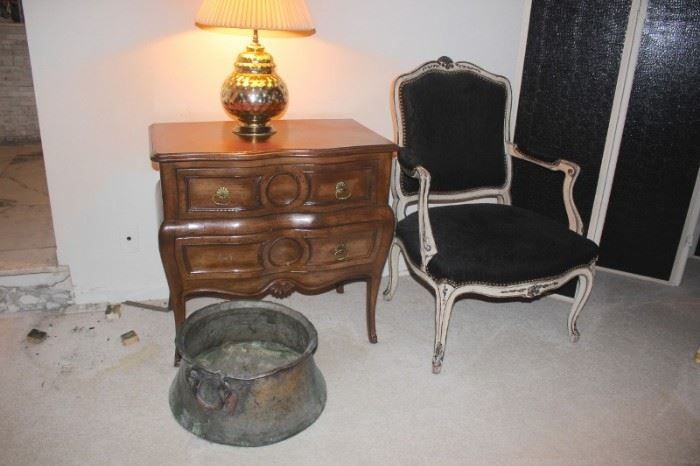 Small 2 Drawer Cabinet, Metal Tub and Side Chair with Lamp