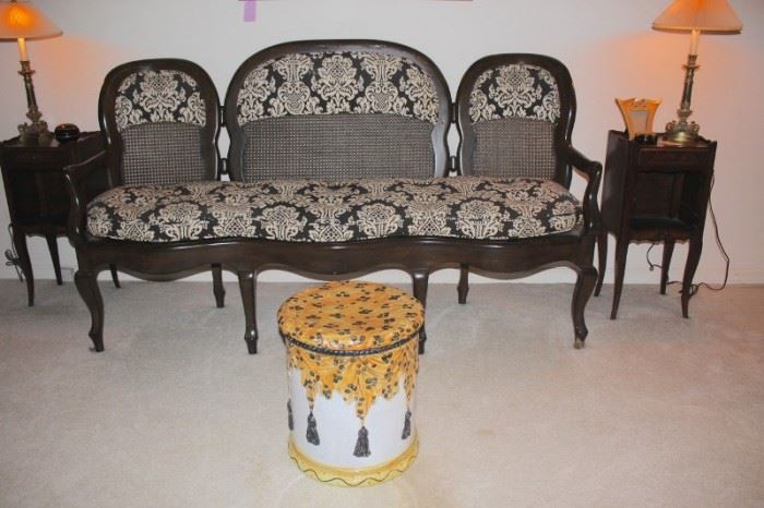 Settee, Accent Pillows, Pair of Side Tables/Cabinets and Decorative Round with Pair of Lamps