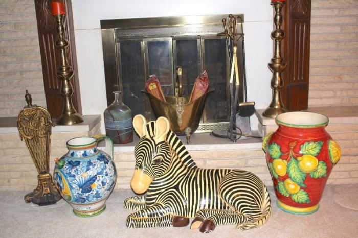 Assorted Colorful Urns, Zebra, and Fireplace Accessories 