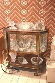 Gold Tone, Metal & Glass Tea Cart with Assorted Glass, Baccarat Crystal and Lalique