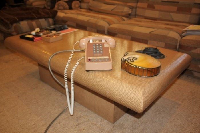 Blonde Wood Coffee Table, Vintage Phone and Bric-A-Brac