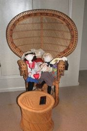 Wicker Peacock Chair, Wicker Round and Dolls
