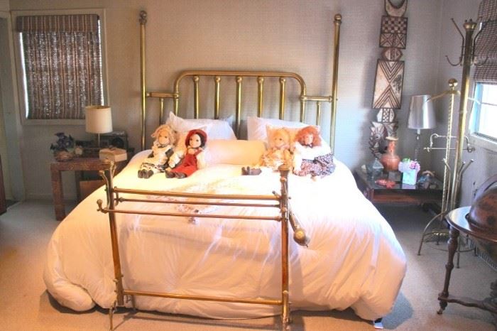Brass Bed with Side Tables, Lamps, Hat Racks and Dolls