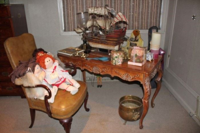 Carved Desk, Chair and Dolls with Loads of Bric-A-Brac