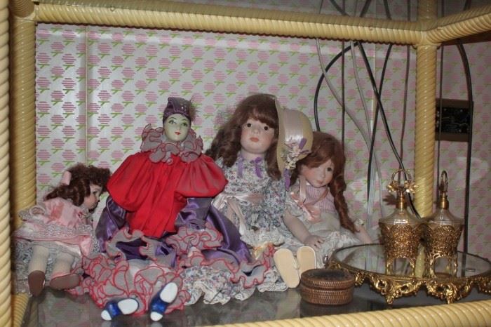 Dolls and Vanity Tray with Perfume Bottles