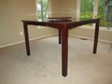 wood table
measures approximately 36'' W x 54'' L x 36'' H with out extra leaf in
extra leaf measures approximately 18'' W
round wood lazy susan measures approximately 22'' Diameter