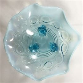 Lot 730
Antique Northwood Blue Opalescent Beaded Cable Candy Bowl