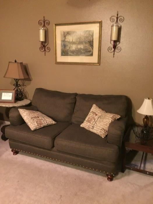 Love seat with nail head trim, end table with glass tray top