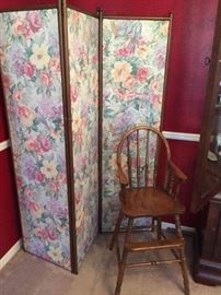 Wooden high chair, wood/fabric room screen