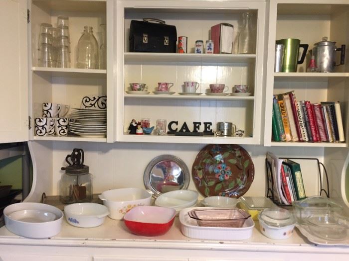 Pyrex, Anchor Hocking, teacup & saucer sets, cookbooks, Dazey churn
