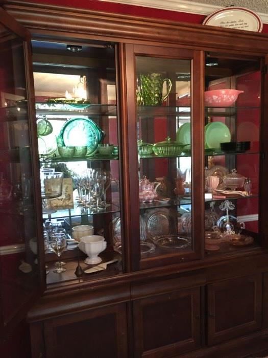 China cabinet with jadite plates, pink & green depression glass, set of 4 pink & white Cinderella Gooseberry Pyrex bowls