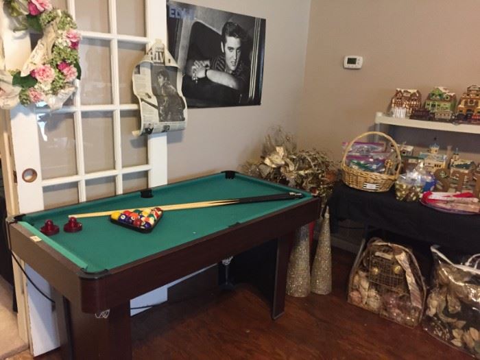 Pool table, Elvis poster, Christmas decor