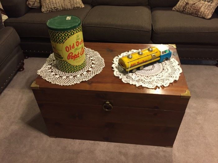 Wooden chest, vintage truck & popcorn tin
