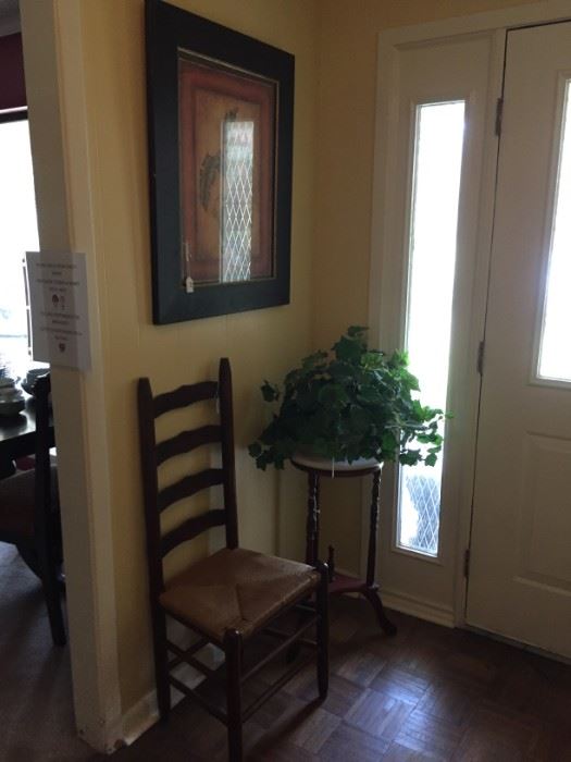 Fern stand, ladder back chair, picture