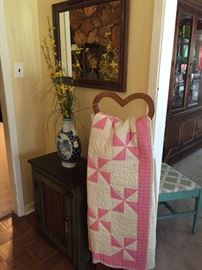 Small chest, heart quilt rack, pink/white quilt
