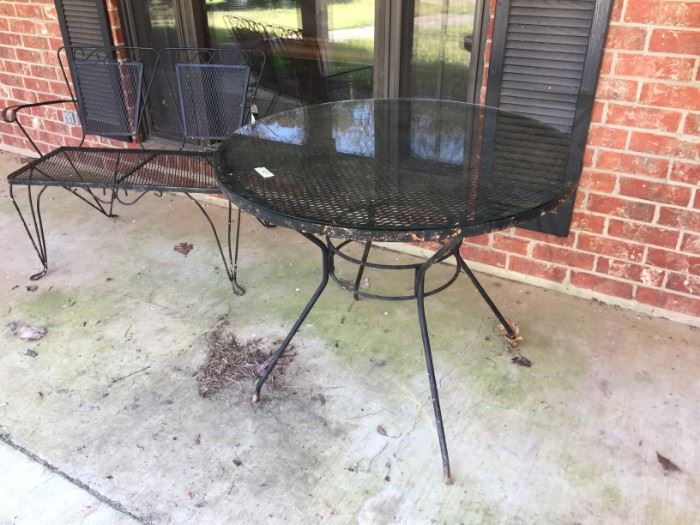 Metal patio bench & round metal table (glass top)