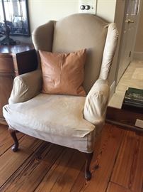 Pair of beautiful upholstered wing-back chairs.  