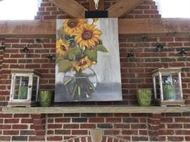 Sunflower art, candles and lanterns.