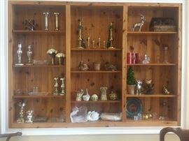 Candlesticks, deer, bookshelf decor, topiary,  candles.  