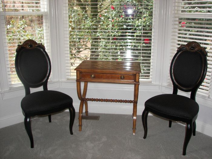 pair of balloon back chairs and game table