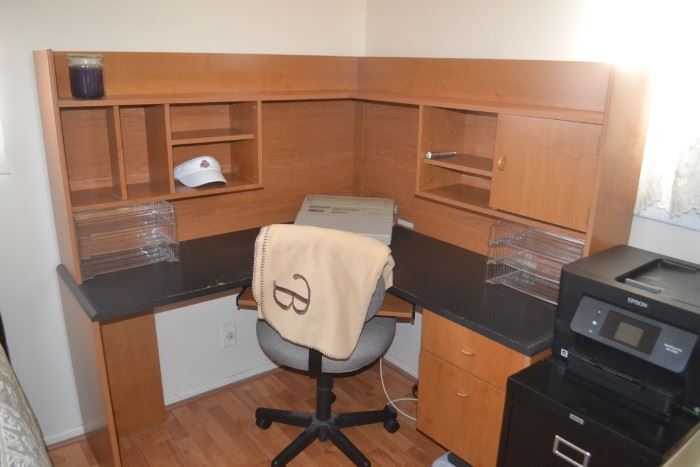 Corner Desk, office chair, filing cabinet, printer - small filing cabinet has been sold