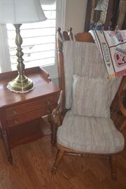 1 of 2 Wood Framed Occasional Chairs, Vintage side table, Table Lamp