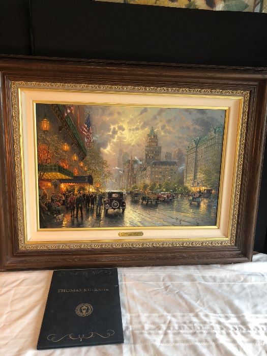 New York, Fifth Avenue, Kinkaid. 13/140 S/P Canvas (studio proof).18”x27”. S/P – Studio Proof
For images released prior to April 6, 2012, the Studio Proof is created with a textured brushstroke process that recreates the artist’s actual brush work. It is finished by a Master Highlighter who hand sketches an original and identifying Remarque on the verso side of the canvas. Upon satisfactory completion, the artist applied final highlights himself, and hand signed the front of the canvas in metallic ink. Lastly, a foil stamped gold Studio Proof seal is applied to the verso side. The letters S/P designates each Studio Proof during the numbering process. For images released after April 6, 2012, the Studio Proof is a special reserve edition created with a textured brushstroke process. A Master Highlighter enhances the image with additional highlights and then hand sketches an original and identifying Remarque on the verso side of the canvas. Lastly, a foil-stamped gold Studio Proof seal is