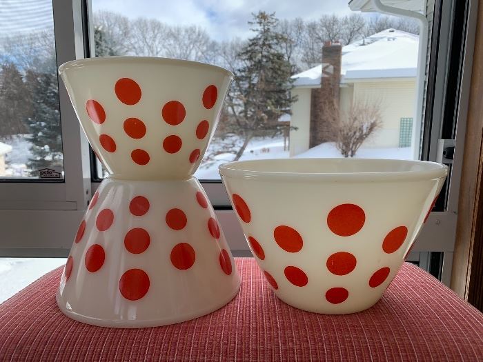 Vintage Fire-King three piece polka dot bowl set