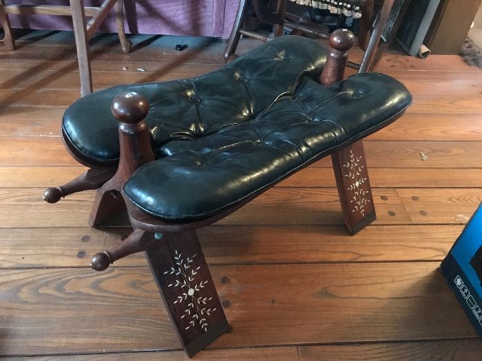 Sheesham wood and leather camel saddle seat made in Pakistan. 